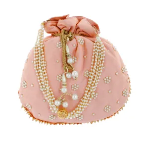 Kuber Industries Ethnic Clutch Silk Potli Batwa Pouch Bag with Beadwork Gift For Women (Peach) - CTKTC23066