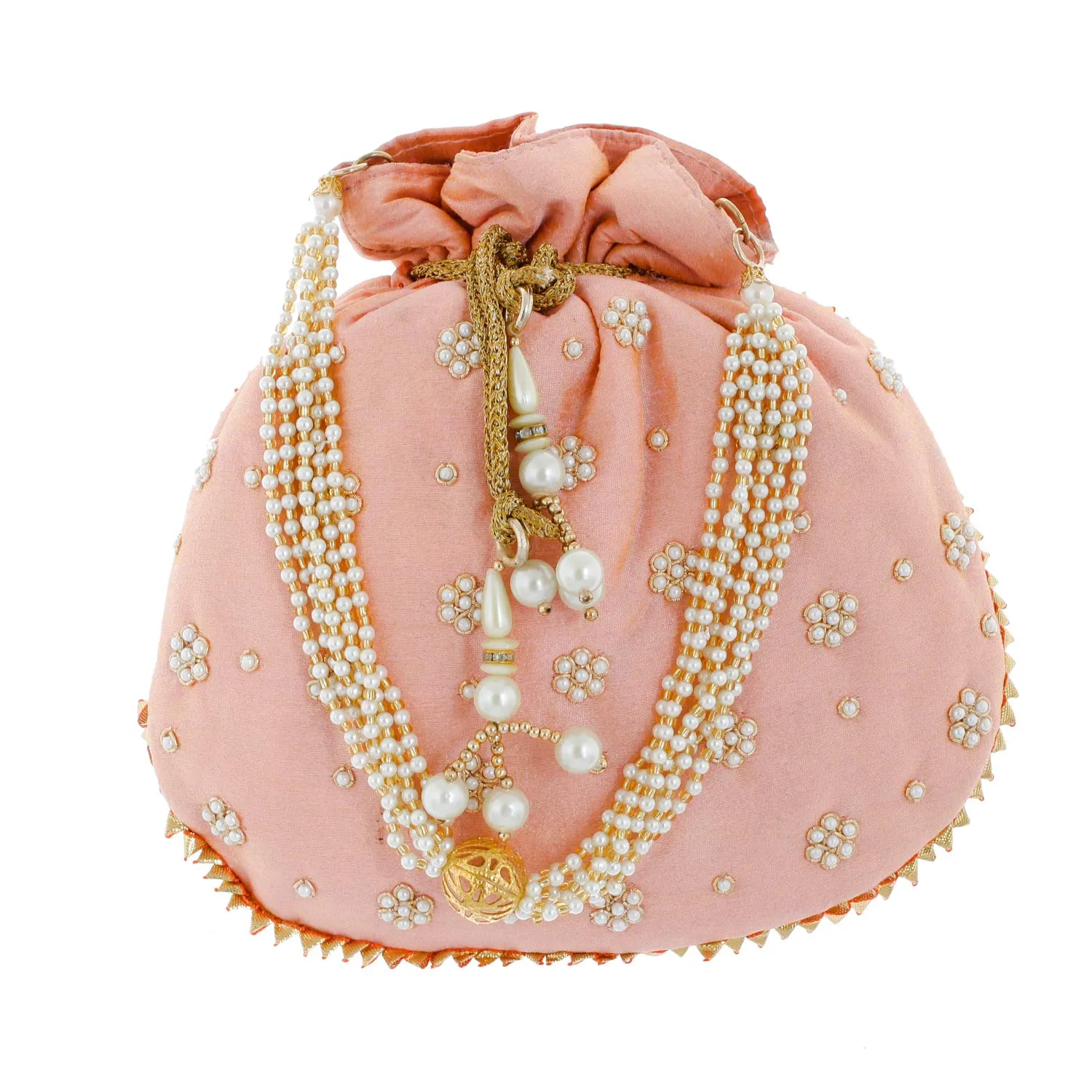Kuber Industries Ethnic Clutch Silk Potli Batwa Pouch Bag with Beadwork Gift For Women (Peach) - CTKTC23066