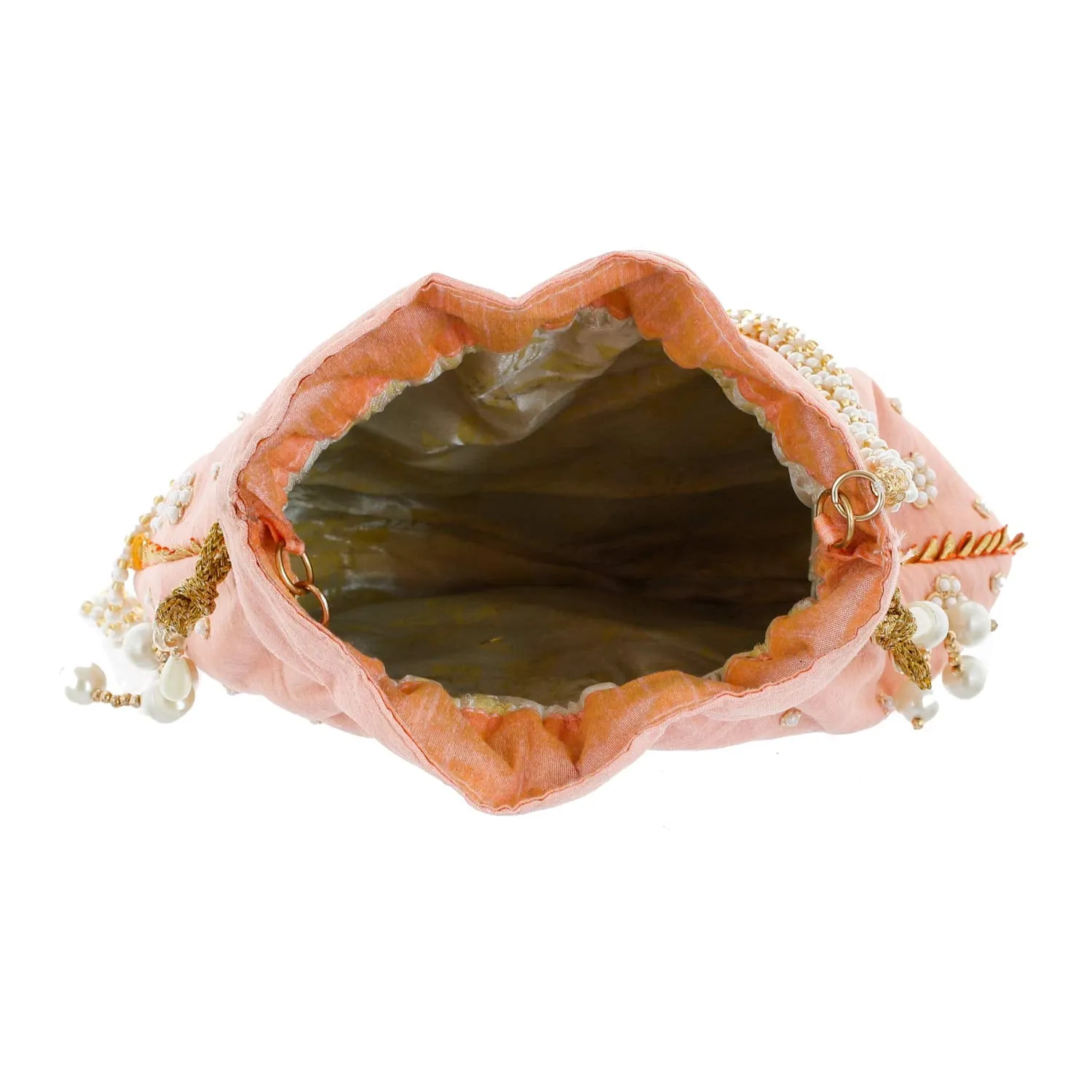Kuber Industries Ethnic Clutch Silk Potli Batwa Pouch Bag with Beadwork Gift For Women (Peach) - CTKTC23066