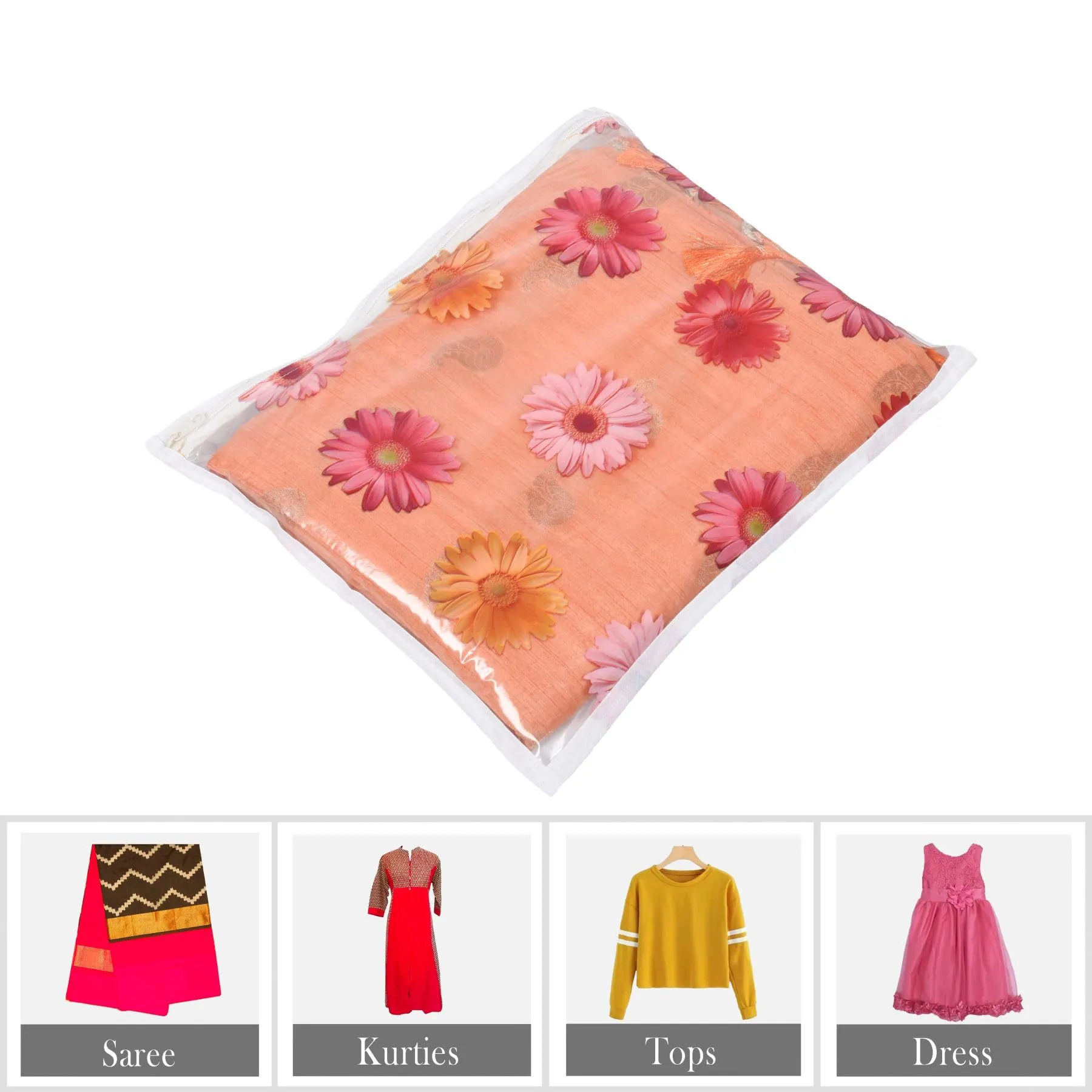 Kuber Industries Saree Cover | Clothes Storage Bag | Single Packing Saree with Zip Closure | Wardrobe Organizer | Cloth Stoarge Organizer | Flower Design | Pack of 6 | Assorted