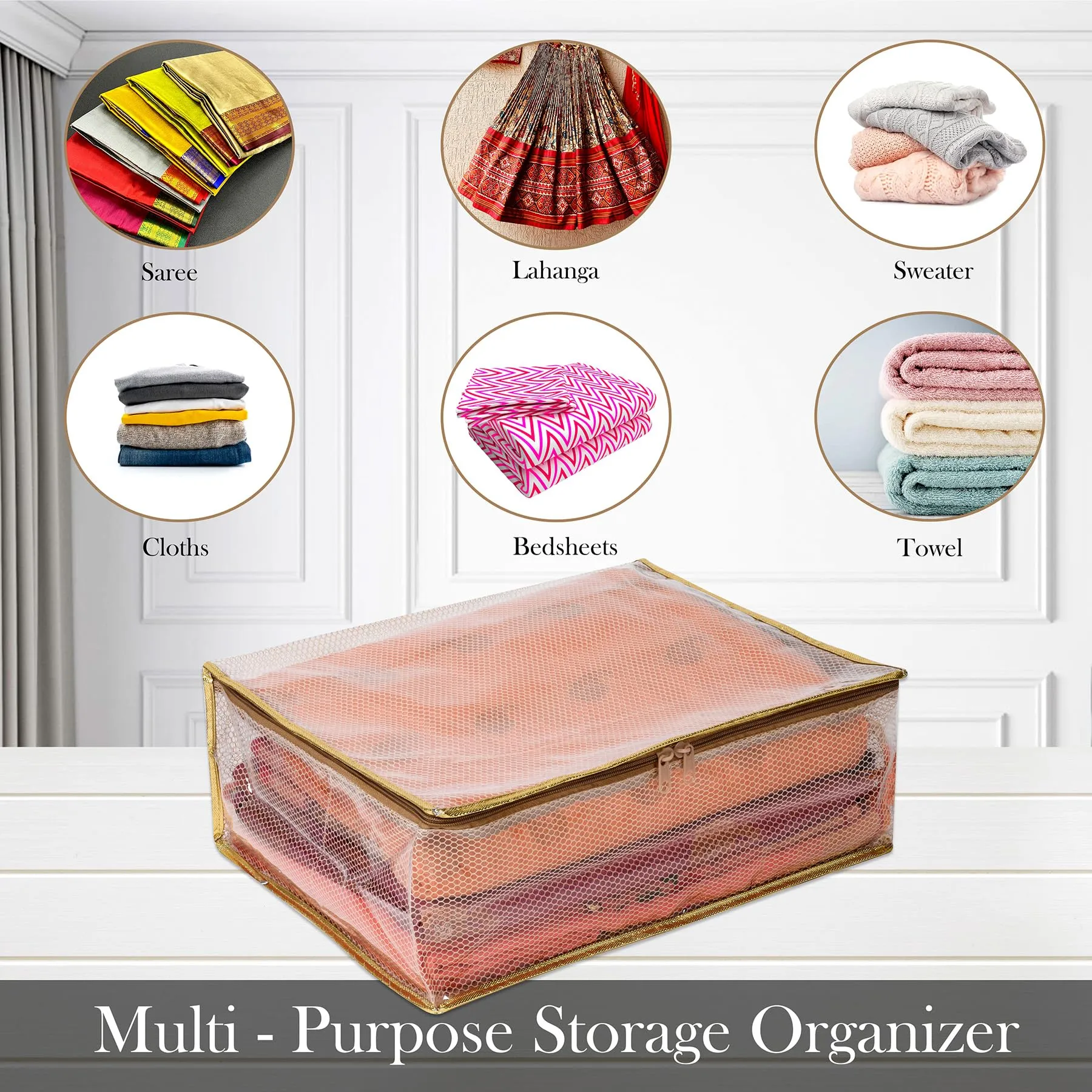 Kuber Industries Saree Cover | Golden Lace PVC Laminated Net Saree Cover | Wardrobe Saree Organizer | Garment Storage Bag | Clothes Storage Bag | Pack of 2 | Transparent