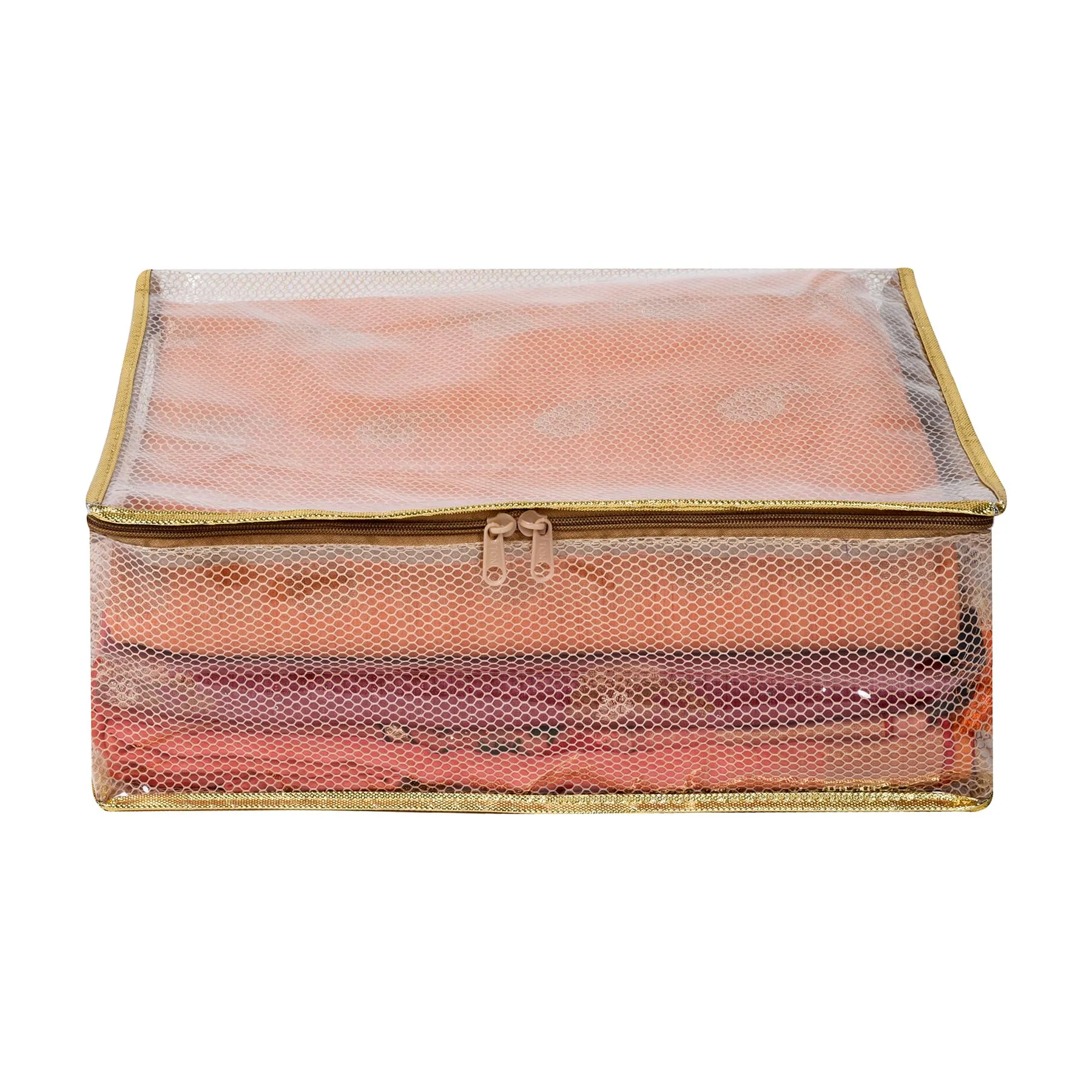 Kuber Industries Saree Cover | Golden Lace PVC Laminated Net Saree Cover | Wardrobe Saree Organizer | Garment Storage Bag | Clothes Storage Bag | Pack of 2 | Transparent