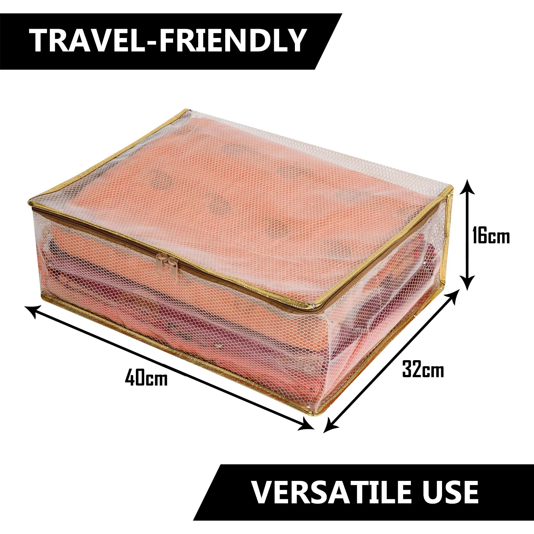 Kuber Industries Saree Cover | Golden Lace PVC Laminated Net Saree Cover | Wardrobe Saree Organizer | Garment Storage Bag | Clothes Storage Bag | Pack of 2 | Transparent