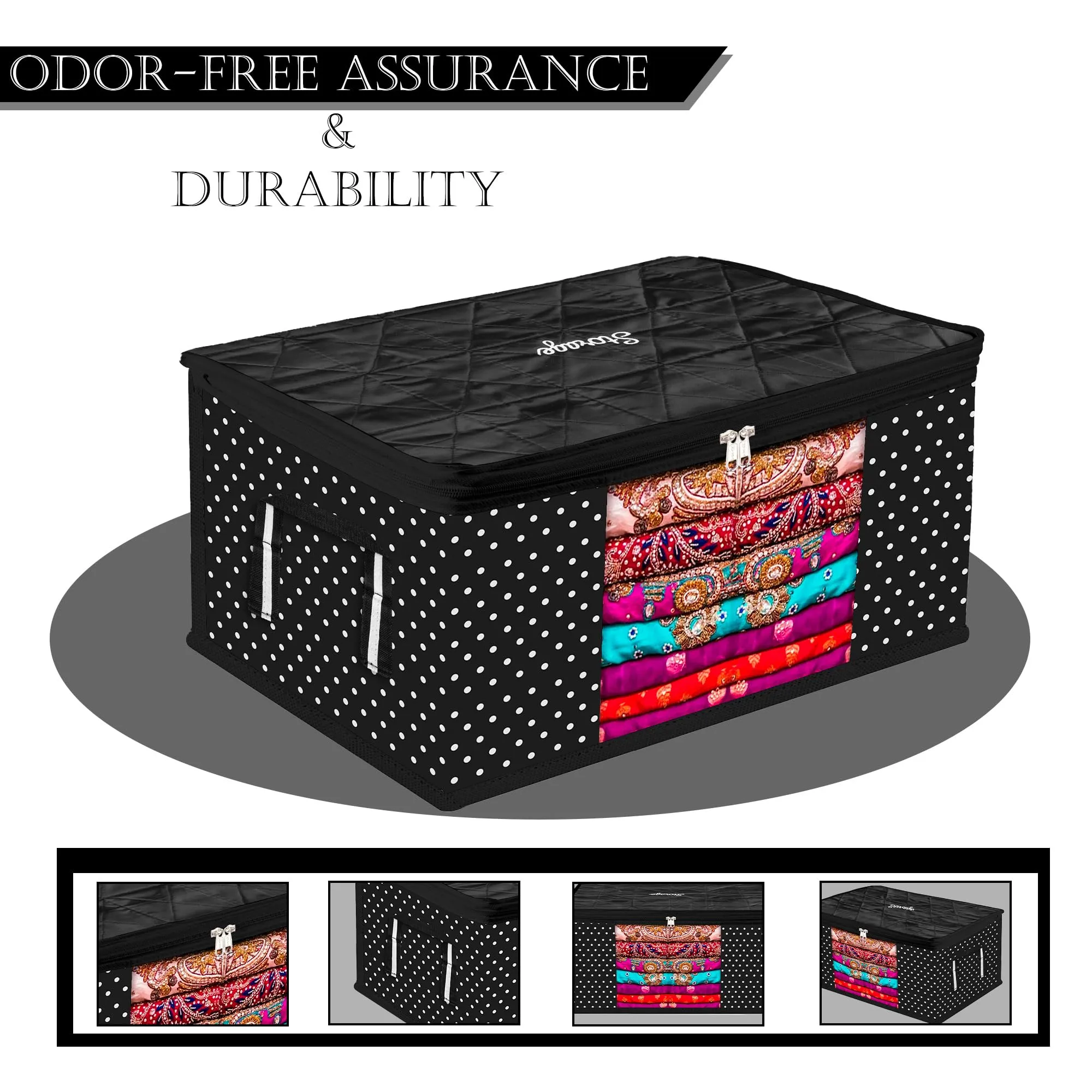 Kuber Industries Saree Cover | Zipper Closure Saree Storage Bag | Saree Organizer for Wardrobe with Handle | Transparent View Clothes Storage Bag for Lehenga | Side Dot-Design | Black