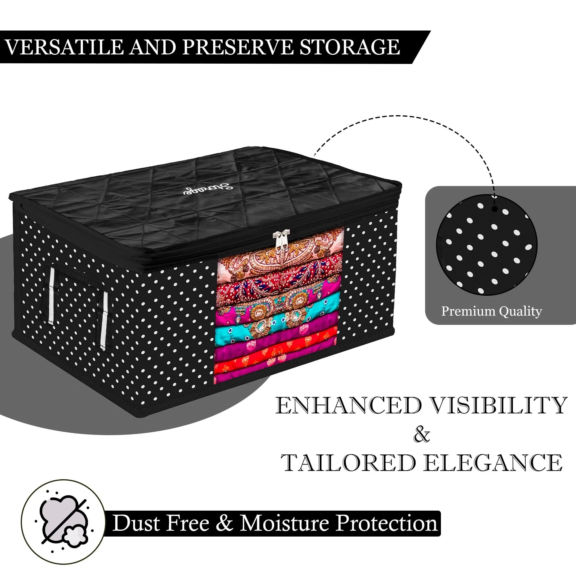 Kuber Industries Saree Cover | Zipper Closure Saree Storage Bag | Saree Organizer for Wardrobe with Handle | Transparent View Clothes Storage Bag for Lehenga | Side Dot-Design | Black