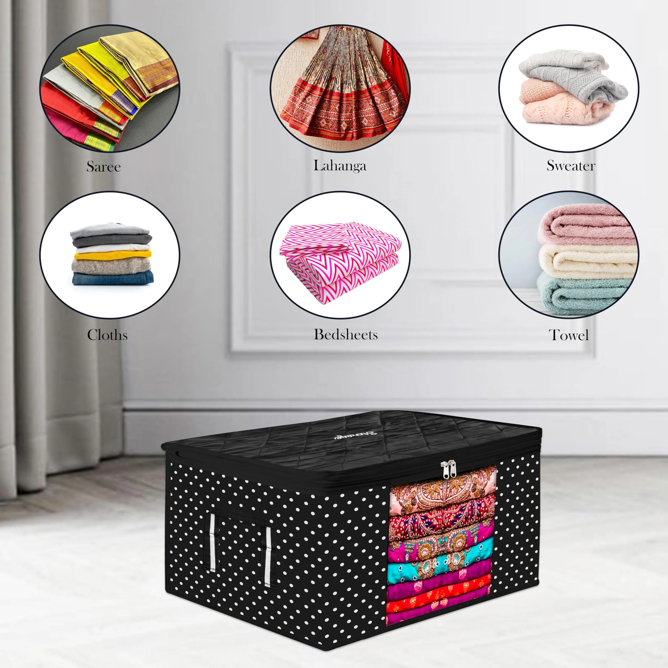 Kuber Industries Saree Cover | Zipper Closure Saree Storage Bag | Saree Organizer for Wardrobe with Handle | Transparent View Clothes Storage Bag for Lehenga | Side Dot-Design | Black