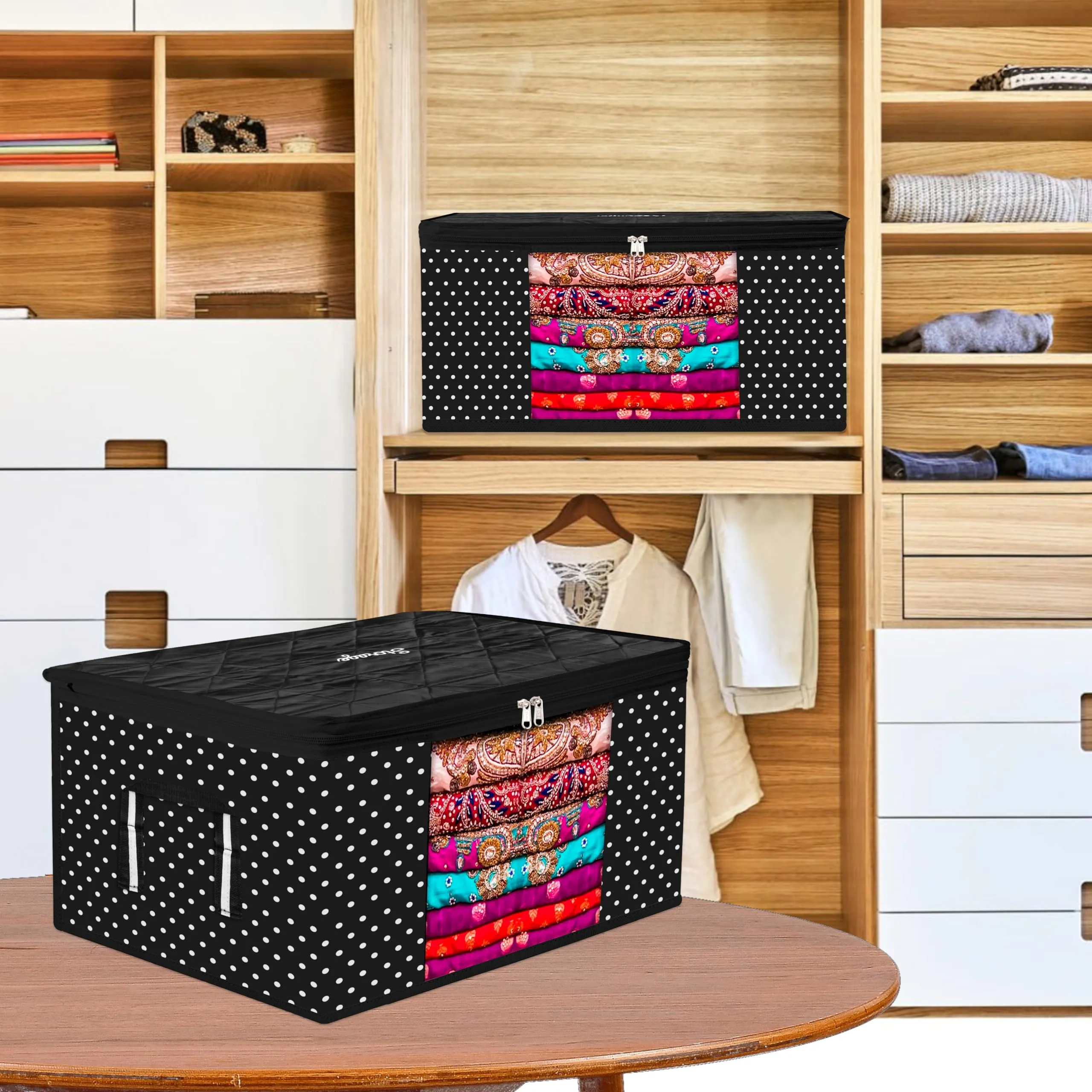 Kuber Industries Saree Cover | Zipper Closure Saree Storage Bag | Saree Organizer for Wardrobe with Handle | Transparent View Clothes Storage Bag for Lehenga | Side Dot-Design | Black