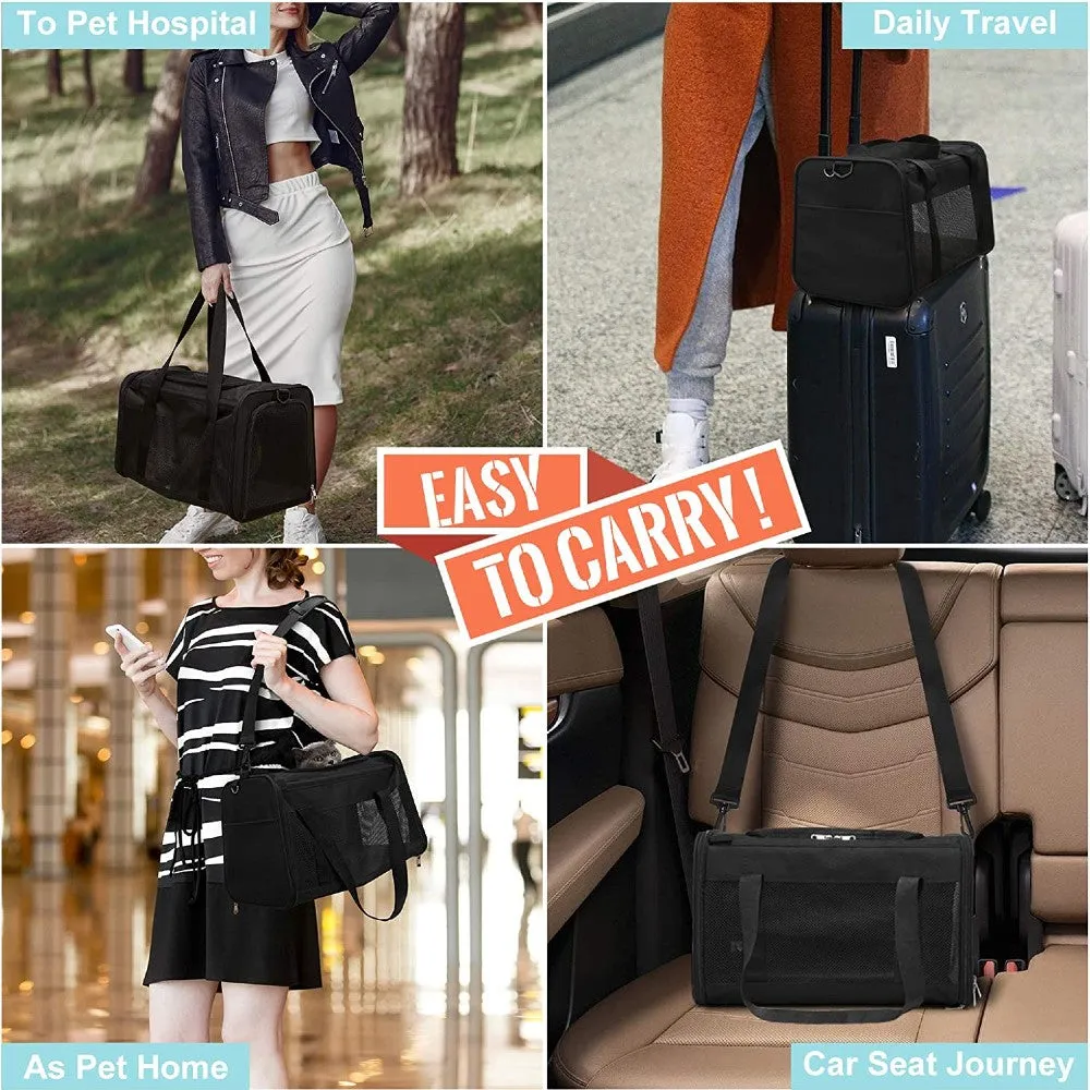 M-Size Black Pet Carrier, Fleece Pad, Mesh Windows - Floofi