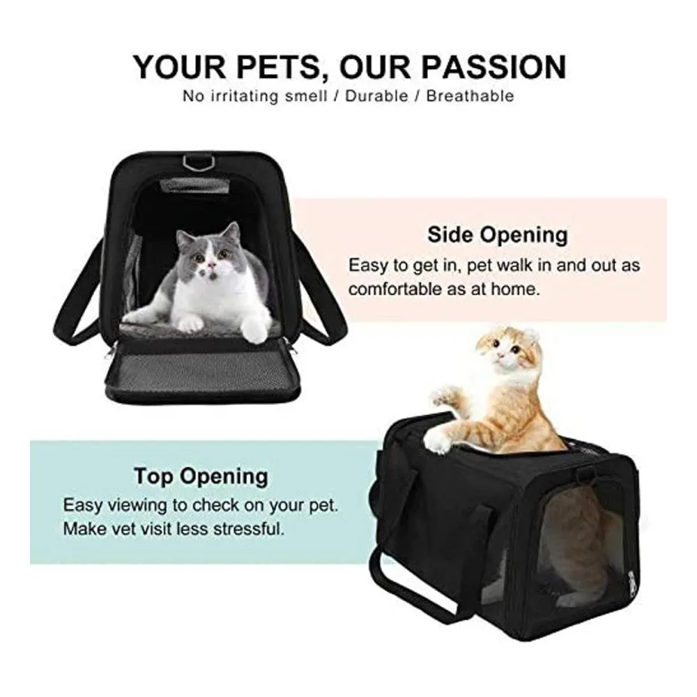 M-Size Black Pet Carrier, Fleece Pad, Mesh Windows - Floofi