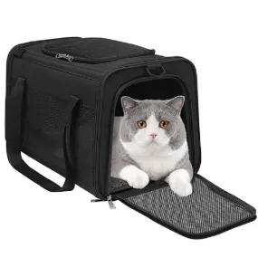 M-Size Black Pet Carrier, Fleece Pad, Mesh Windows - Floofi
