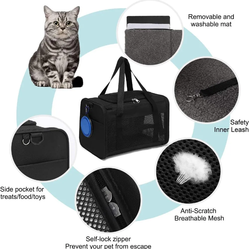 M-Size Black Pet Carrier, Fleece Pad, Mesh Windows - Floofi