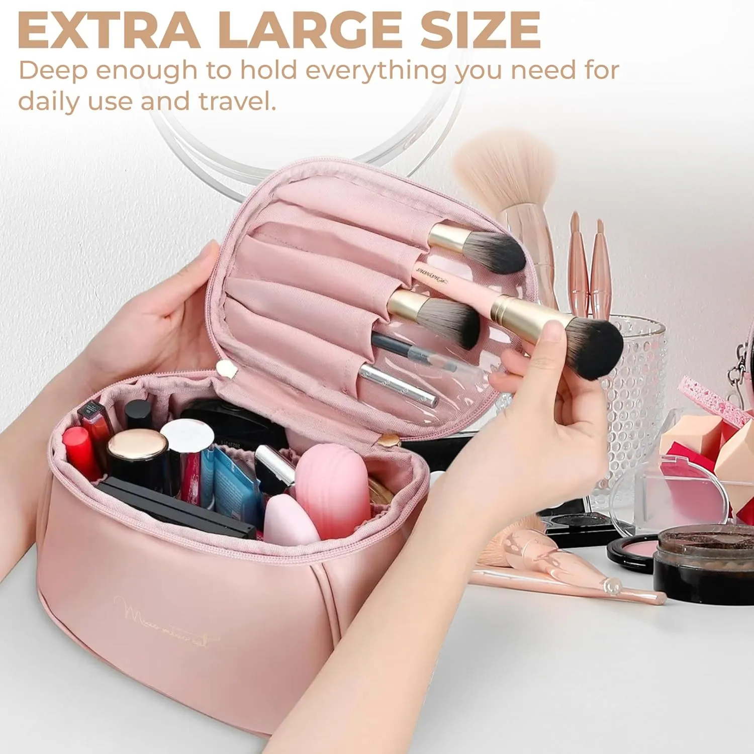 Makeup Bag, Portable Cosmetic Bag, Large Capacity for Girls & Women (Brown)