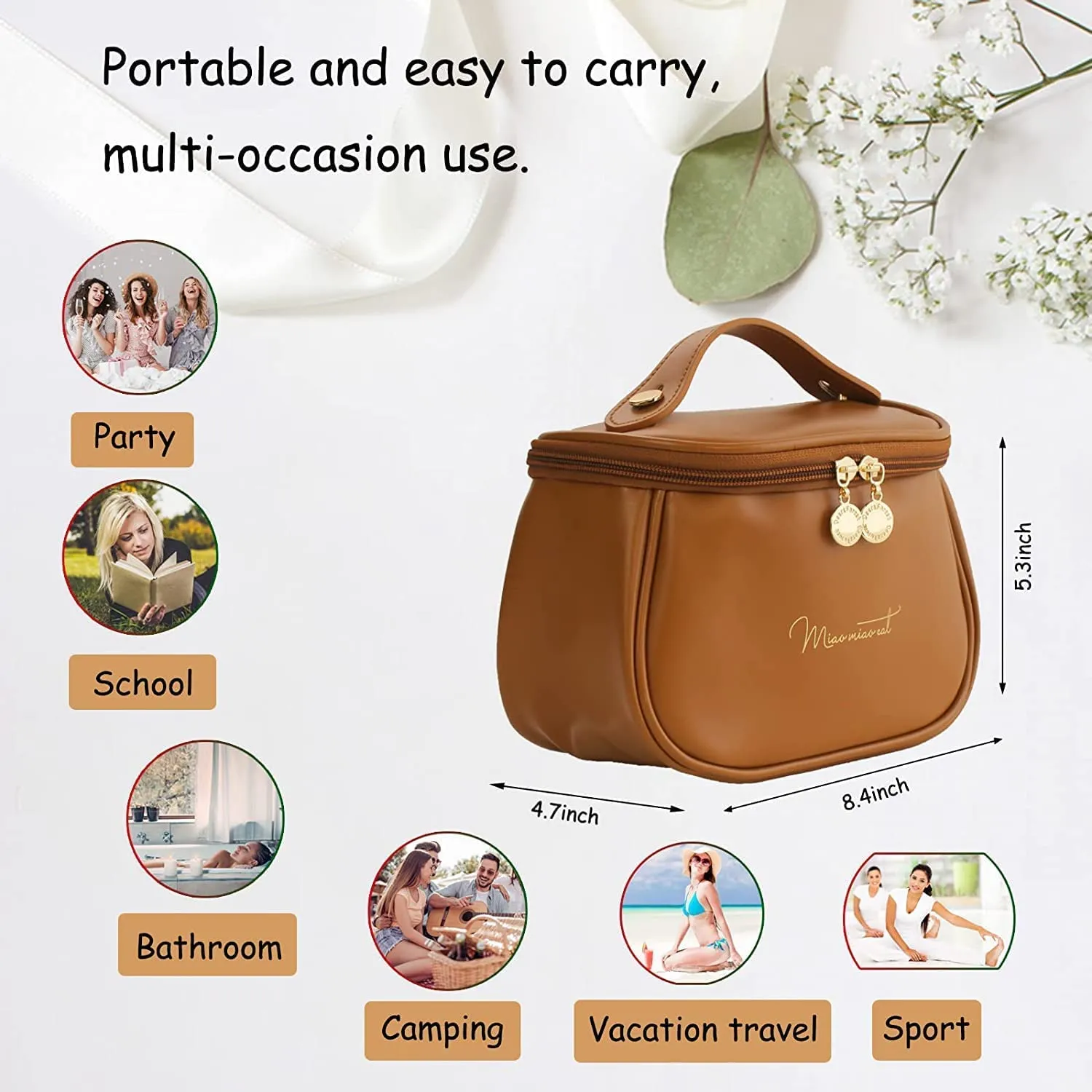 Makeup Bag, Portable Cosmetic Bag, Large Capacity for Girls & Women (Brown)
