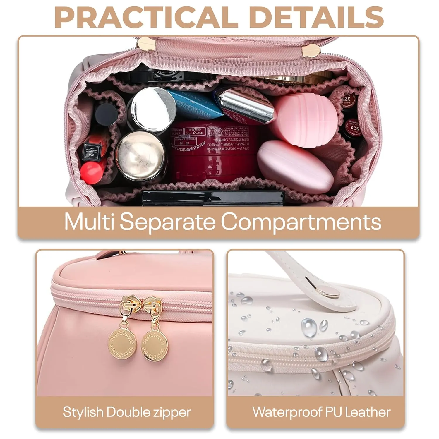 Makeup Bag, Portable Cosmetic Bag, Large Capacity for Girls & Women (Brown)