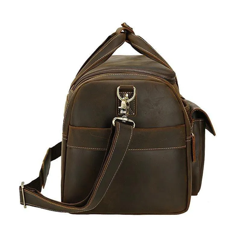 Mens Leather Travel Bag with Zipper Pockets