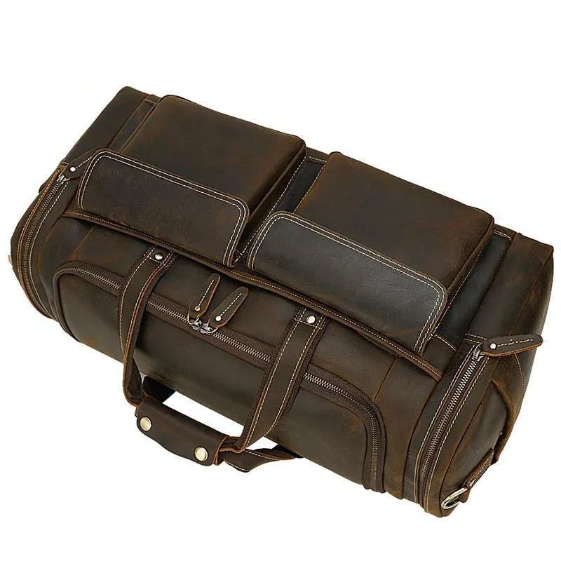 Mens Leather Travel Bag with Zipper Pockets