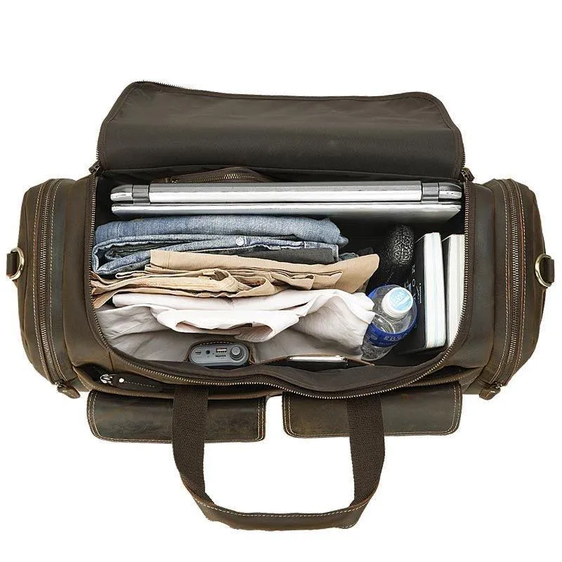Mens Leather Travel Bag with Zipper Pockets