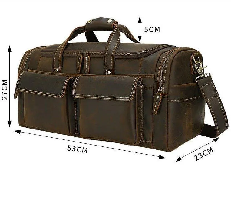 Mens Leather Travel Bag with Zipper Pockets
