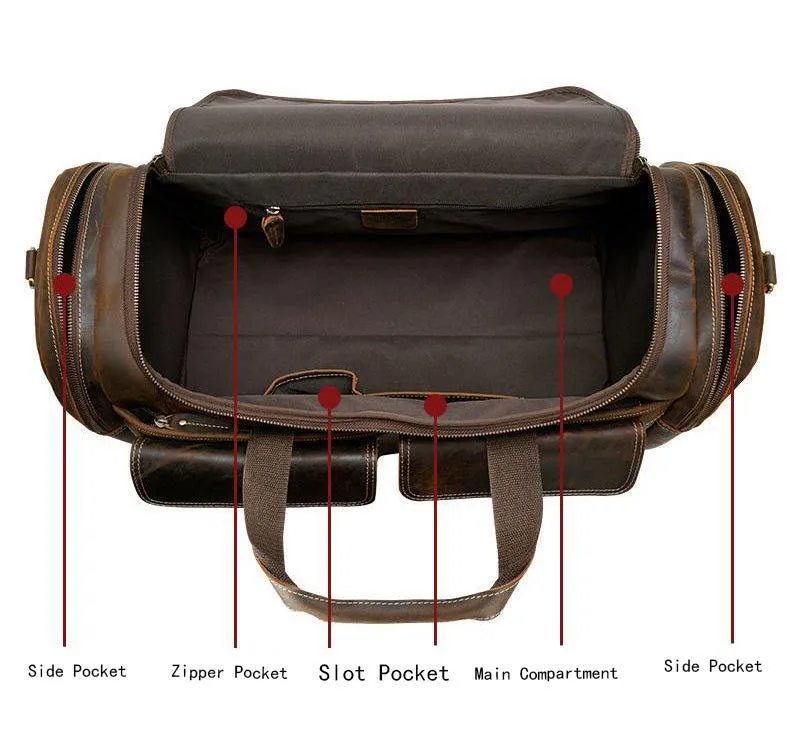Mens Leather Travel Bag with Zipper Pockets