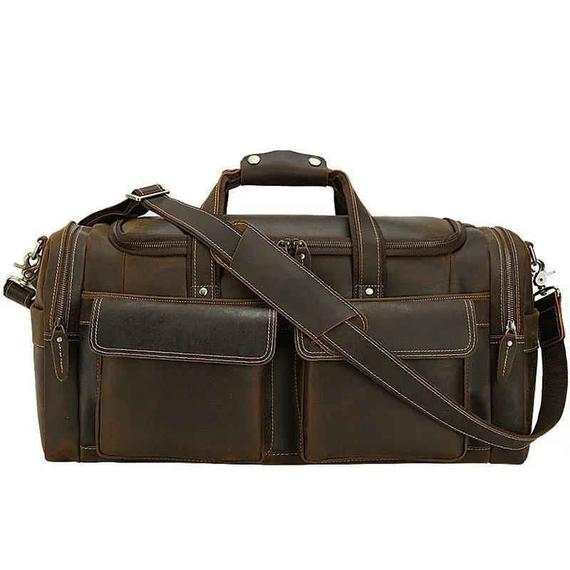 Mens Leather Travel Bag with Zipper Pockets