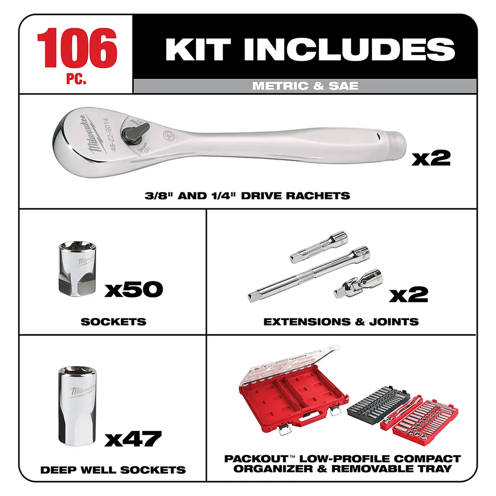 Milwaukee 1/4" - 3/8‚¬� 106pc Ratchet Socket Set with Pakout Case
