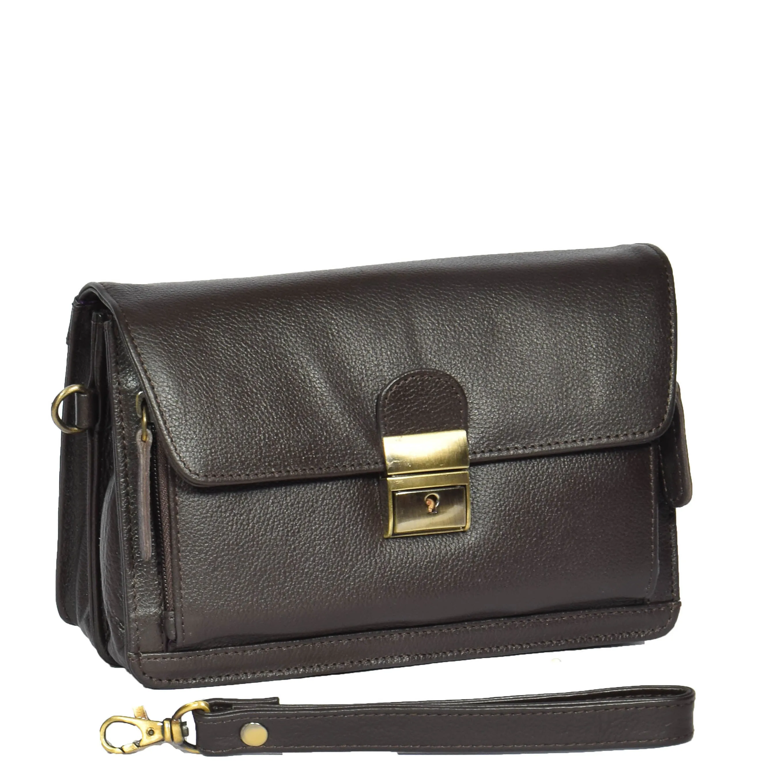 Real Leather Wrist Pouch Organiser Clutch Bag A853  Brown