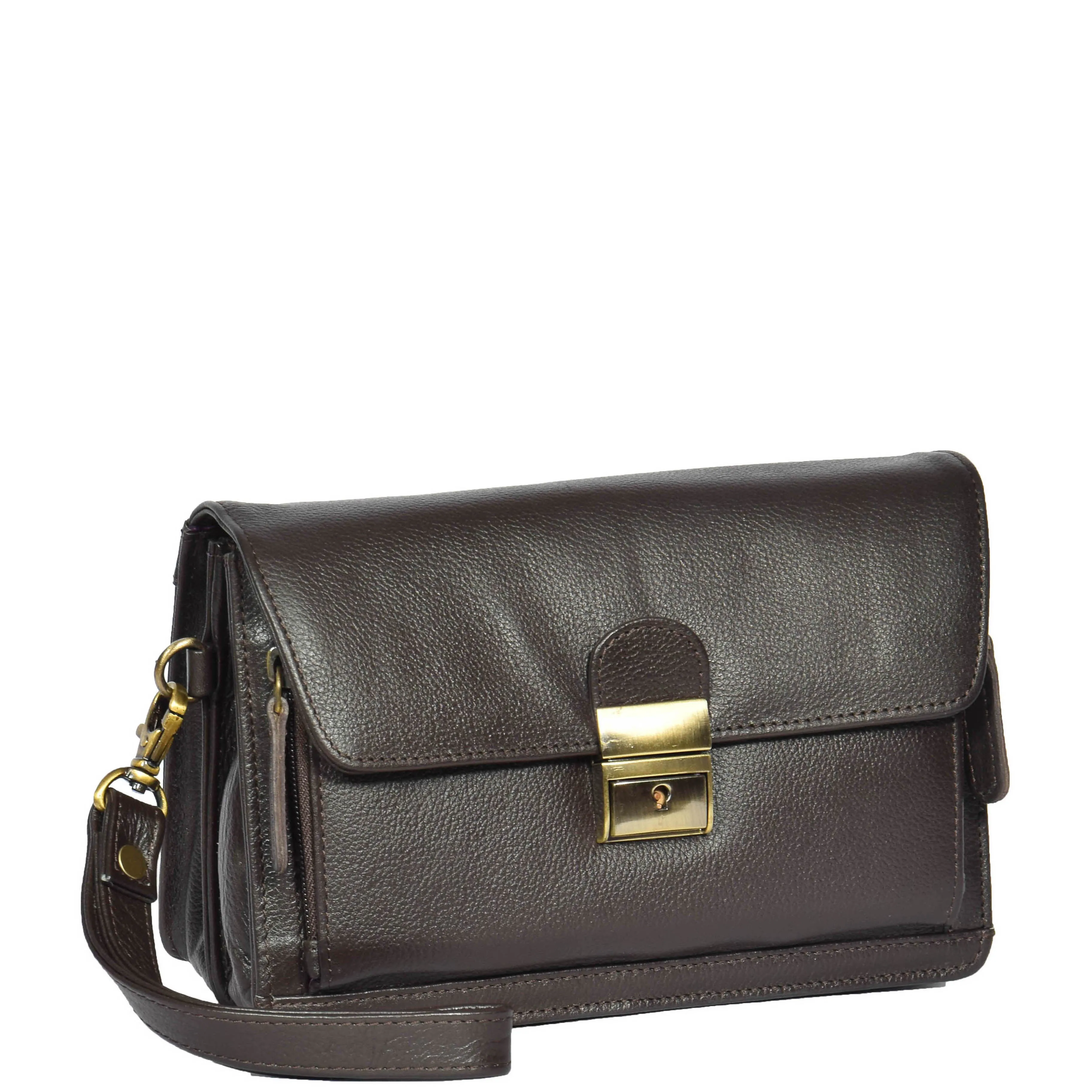 Real Leather Wrist Pouch Organiser Clutch Bag A853  Brown