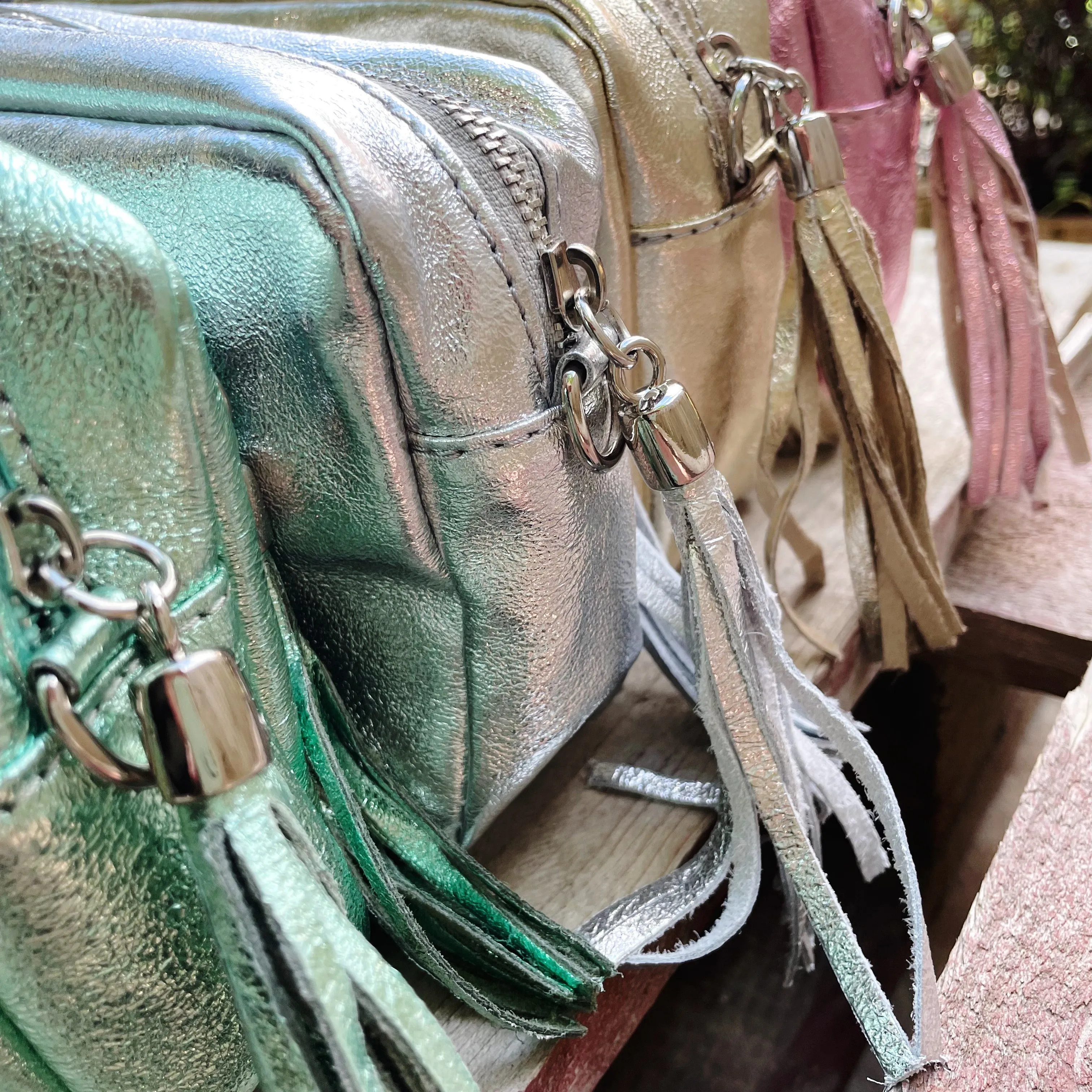 Small Metallic Leather Camera Bag - Silver