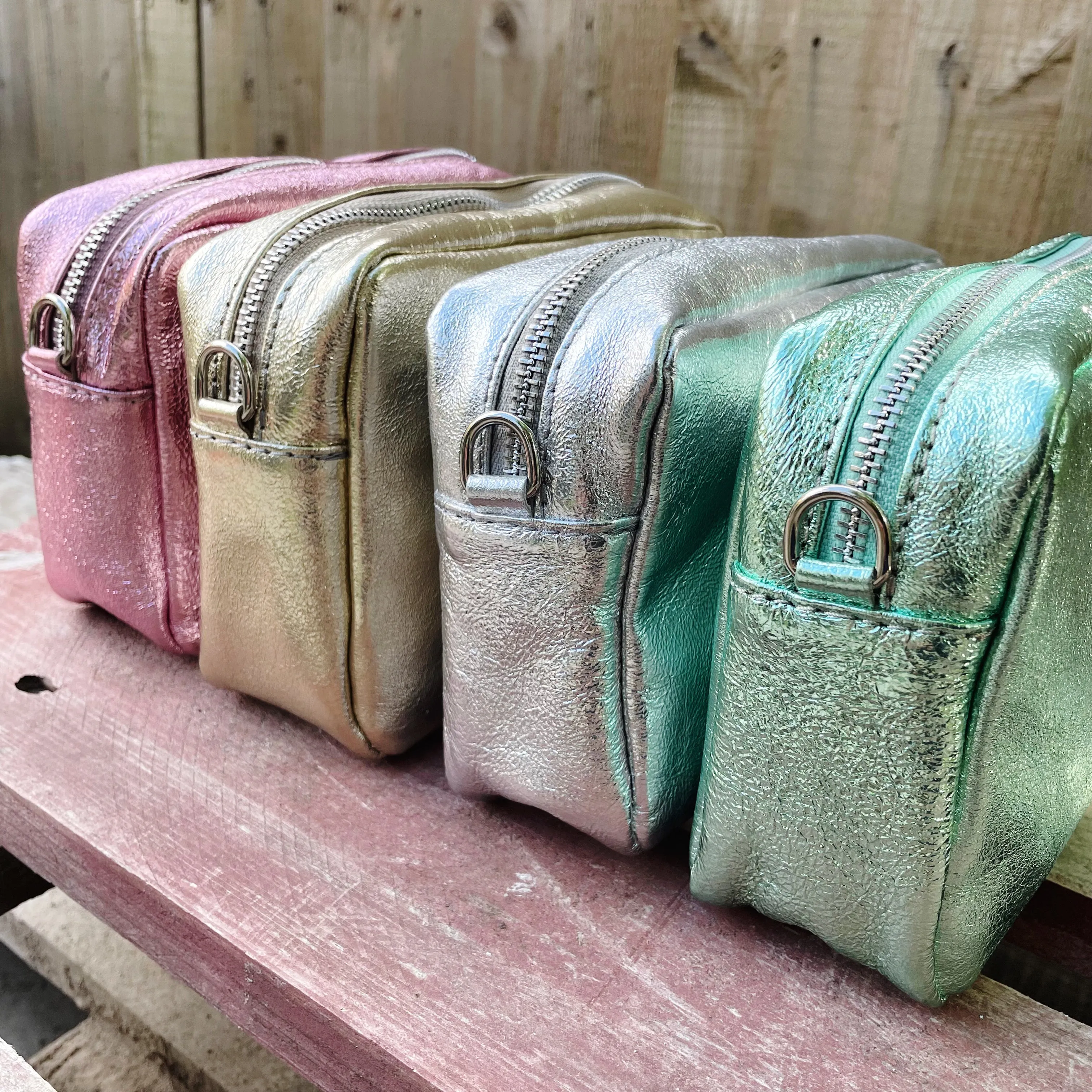 Small Metallic Leather Camera Bag - Silver