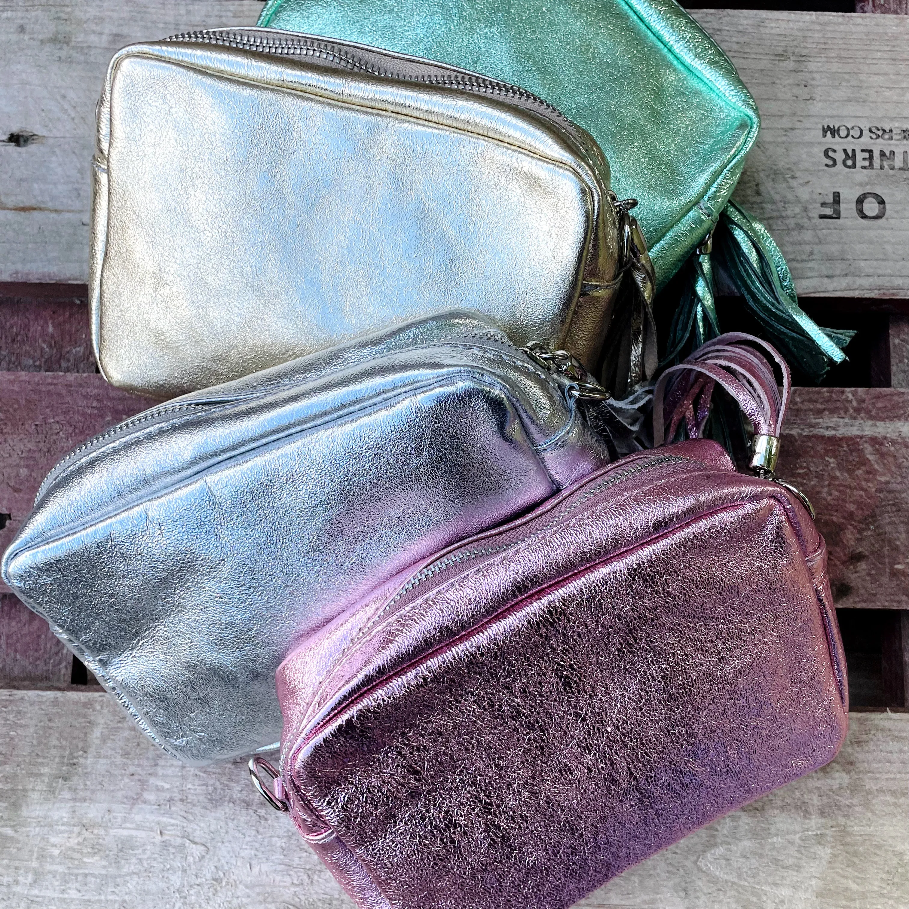 Small Metallic Leather Camera Bag - Silver