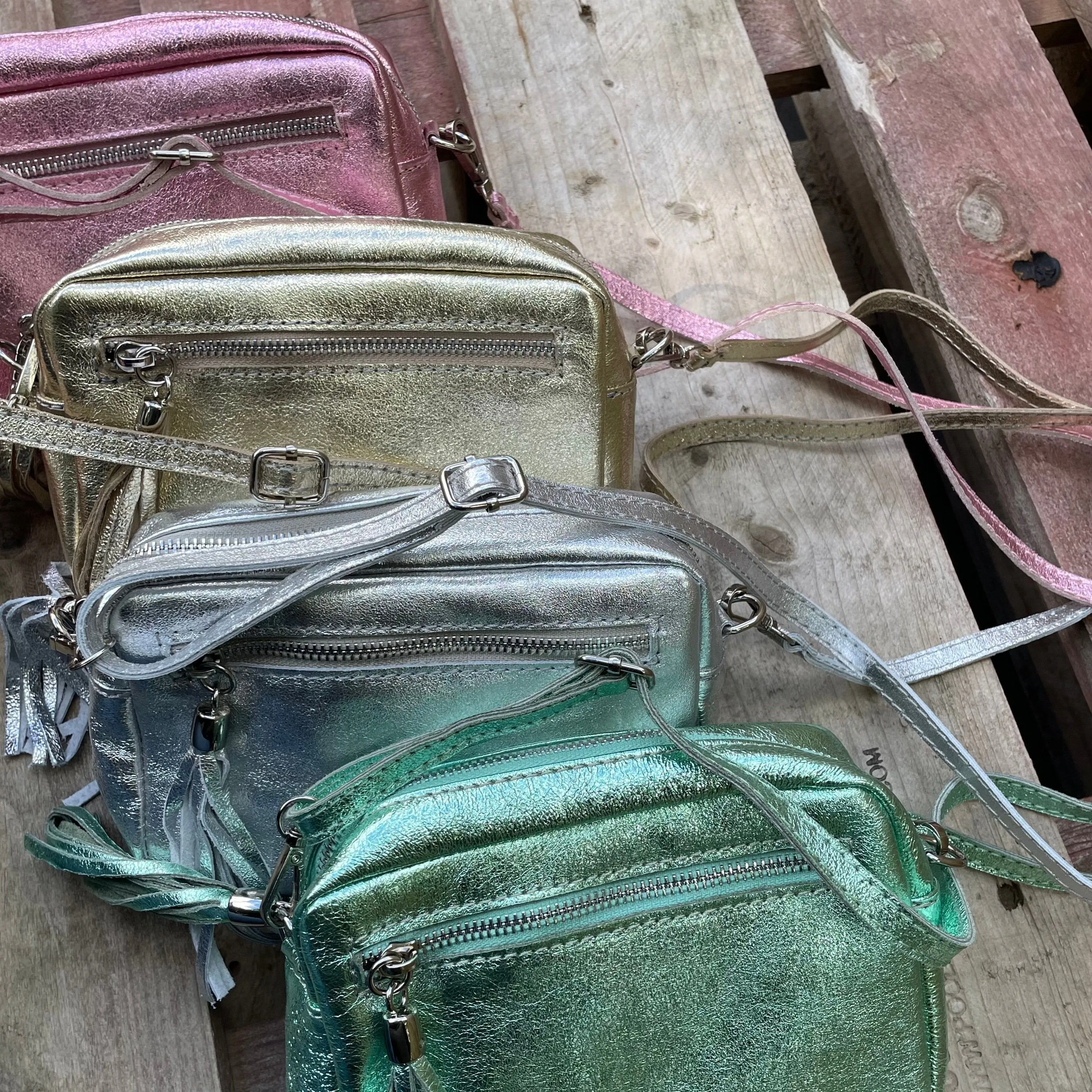 Small Metallic Leather Camera Bag - Silver
