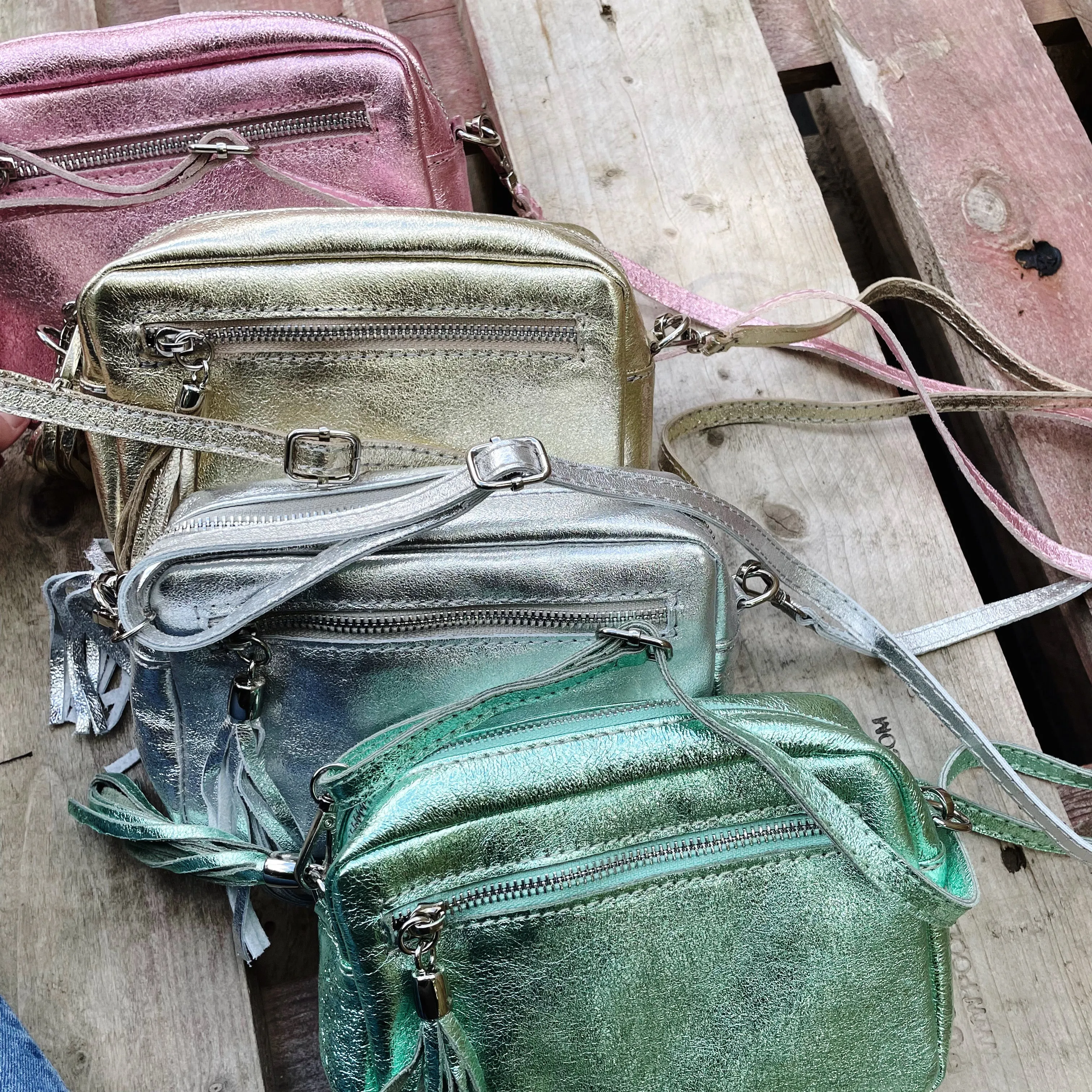 Small Metallic Leather Camera Bag - Silver