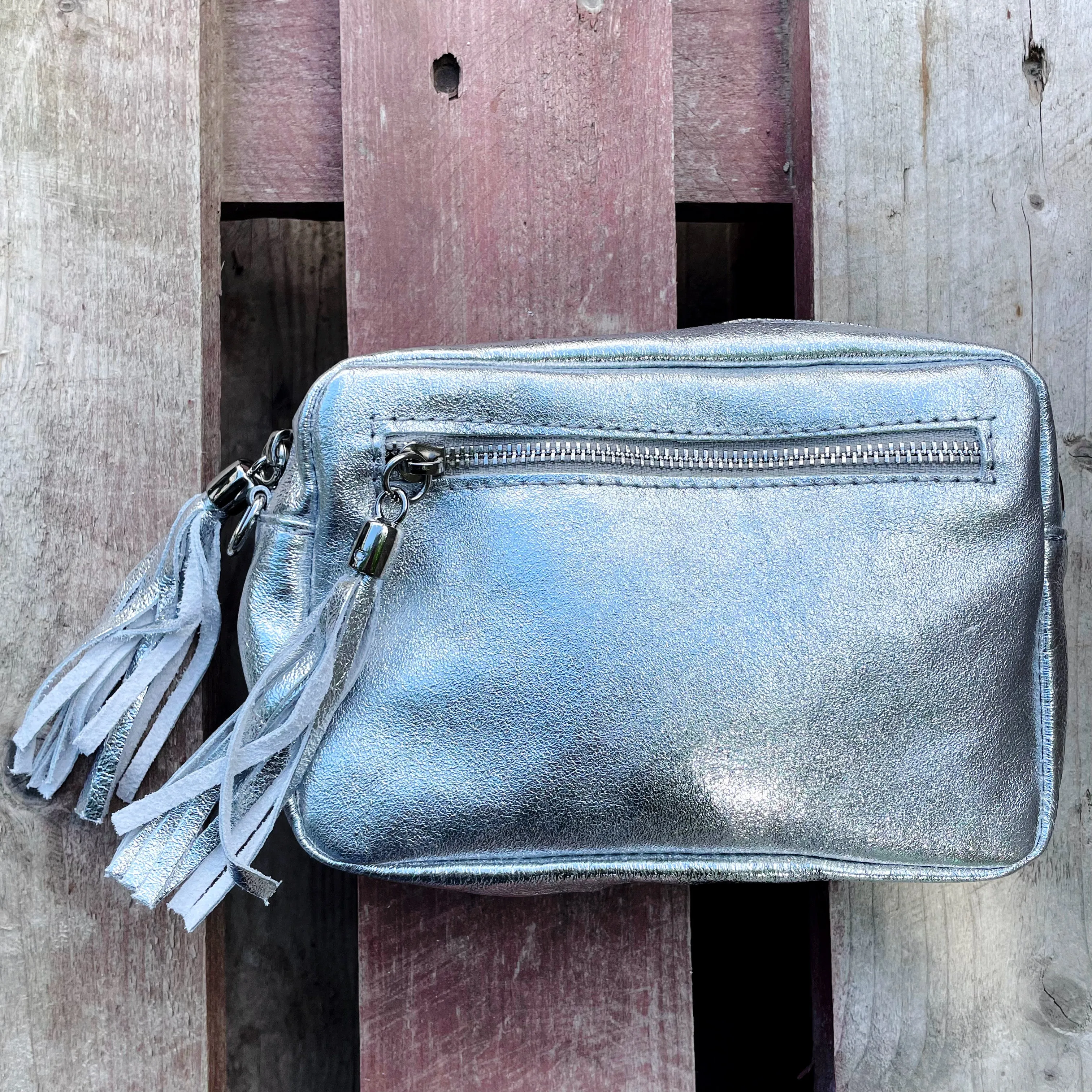 Small Metallic Leather Camera Bag - Silver
