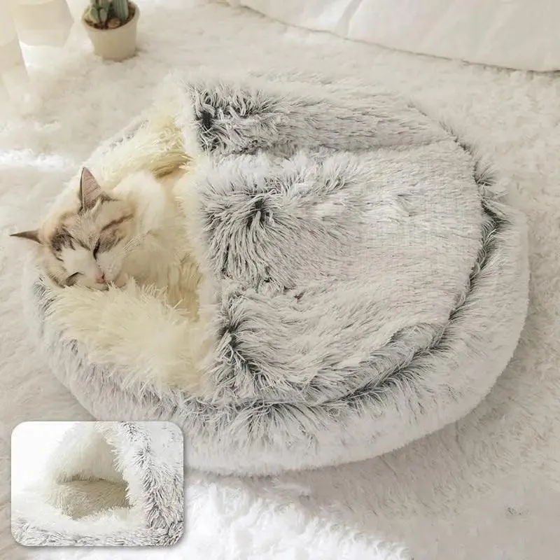 Soft Plush Pet Bed with Cover - 2-in-1 Round Cat & Small Dog Sleeping Nest