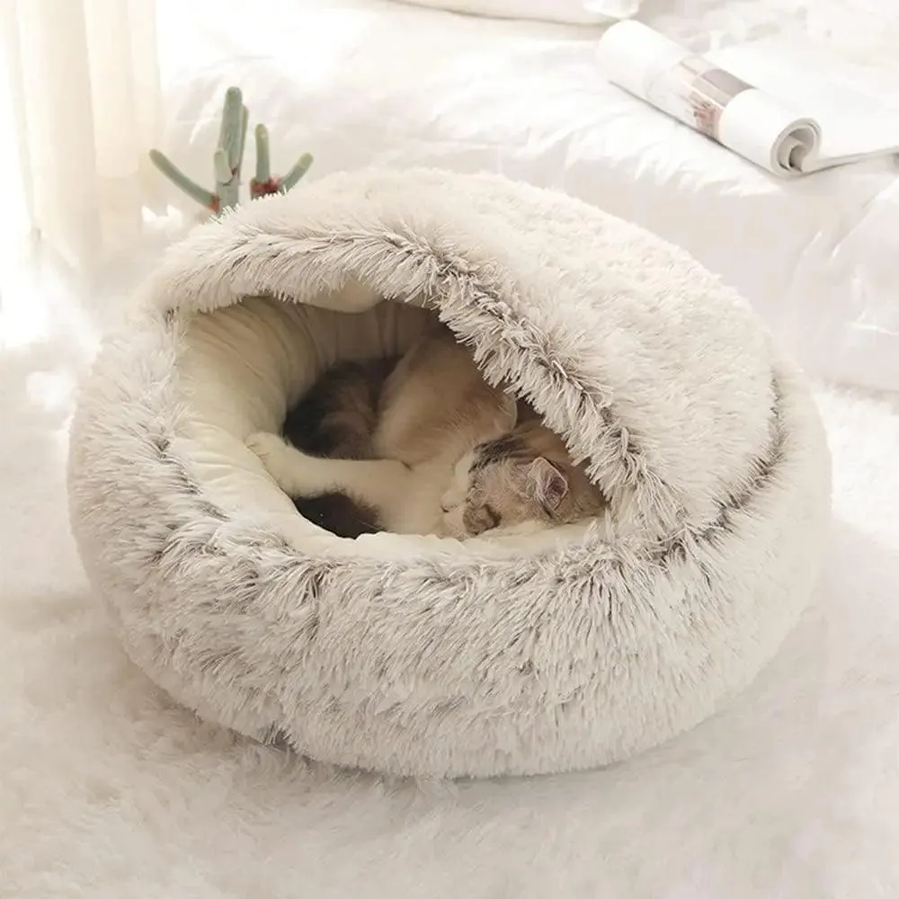 Soft Plush Pet Bed with Cover - 2-in-1 Round Cat & Small Dog Sleeping Nest