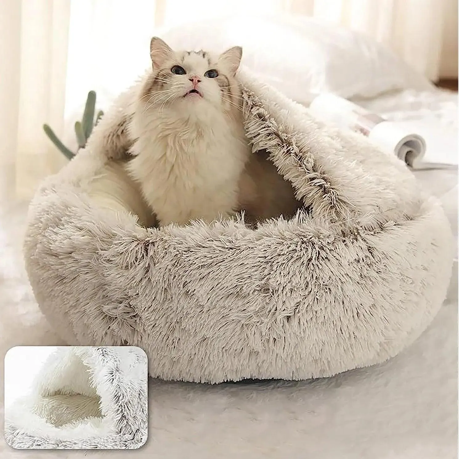 Soft Plush Pet Bed with Cover - 2-in-1 Round Cat & Small Dog Sleeping Nest