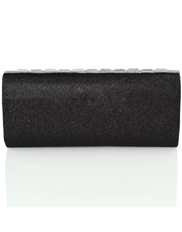 TALITHA DIAMANTE RHINESTONE SPARKLY MIRROR EVENING CLUTCH BAG IN BLACK GLITTER