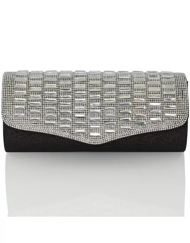 TALITHA DIAMANTE RHINESTONE SPARKLY MIRROR EVENING CLUTCH BAG IN BLACK GLITTER