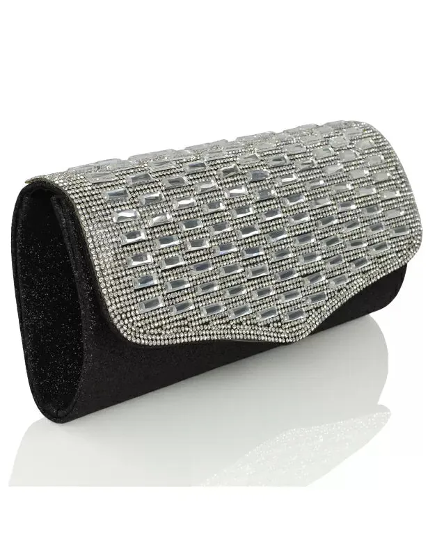 TALITHA DIAMANTE RHINESTONE SPARKLY MIRROR EVENING CLUTCH BAG IN BLACK GLITTER