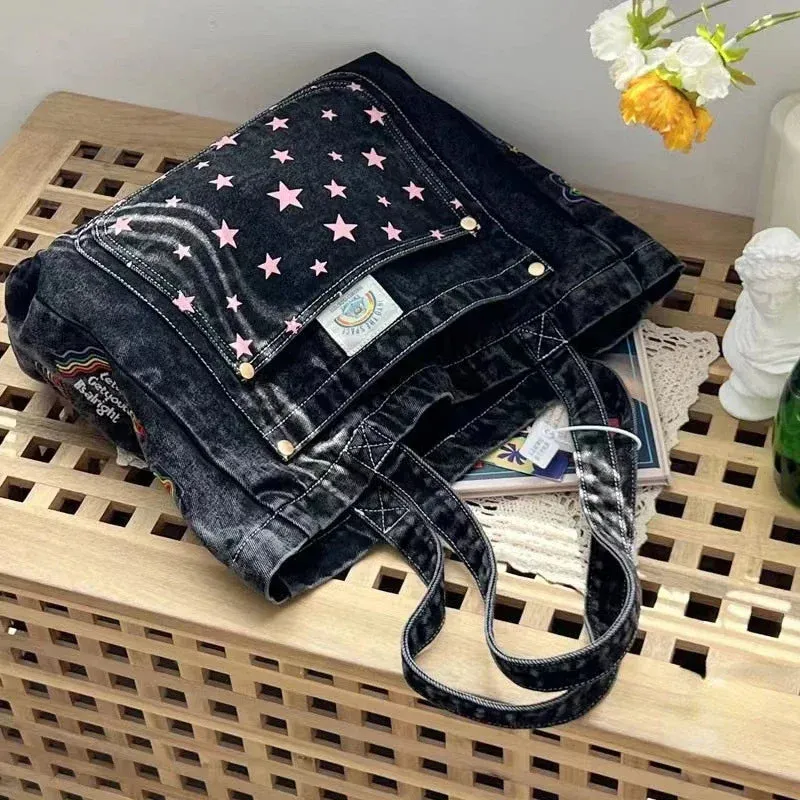 TAVIMART  -  2024 Y2k Aesthetic Harajuku Embroidery Shoulder Handbags Fashion Casual Women Tote Bags Star Denim Canvas Streetwear Messenger