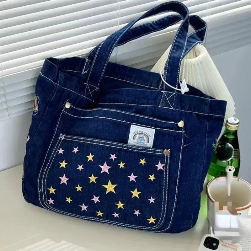 TAVIMART  -  2024 Y2k Aesthetic Harajuku Embroidery Shoulder Handbags Fashion Casual Women Tote Bags Star Denim Canvas Streetwear Messenger