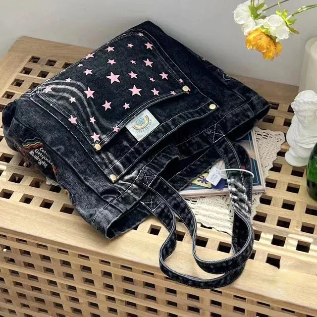 TAVIMART  -  2024 Y2k Aesthetic Harajuku Embroidery Shoulder Handbags Fashion Casual Women Tote Bags Star Denim Canvas Streetwear Messenger