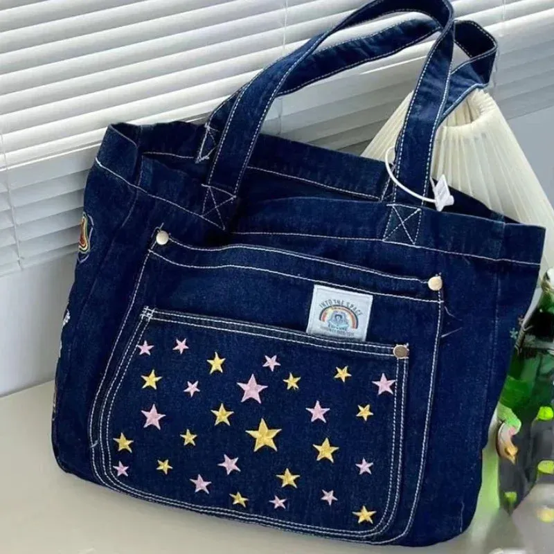 TAVIMART  -  2024 Y2k Aesthetic Harajuku Embroidery Shoulder Handbags Fashion Casual Women Tote Bags Star Denim Canvas Streetwear Messenger