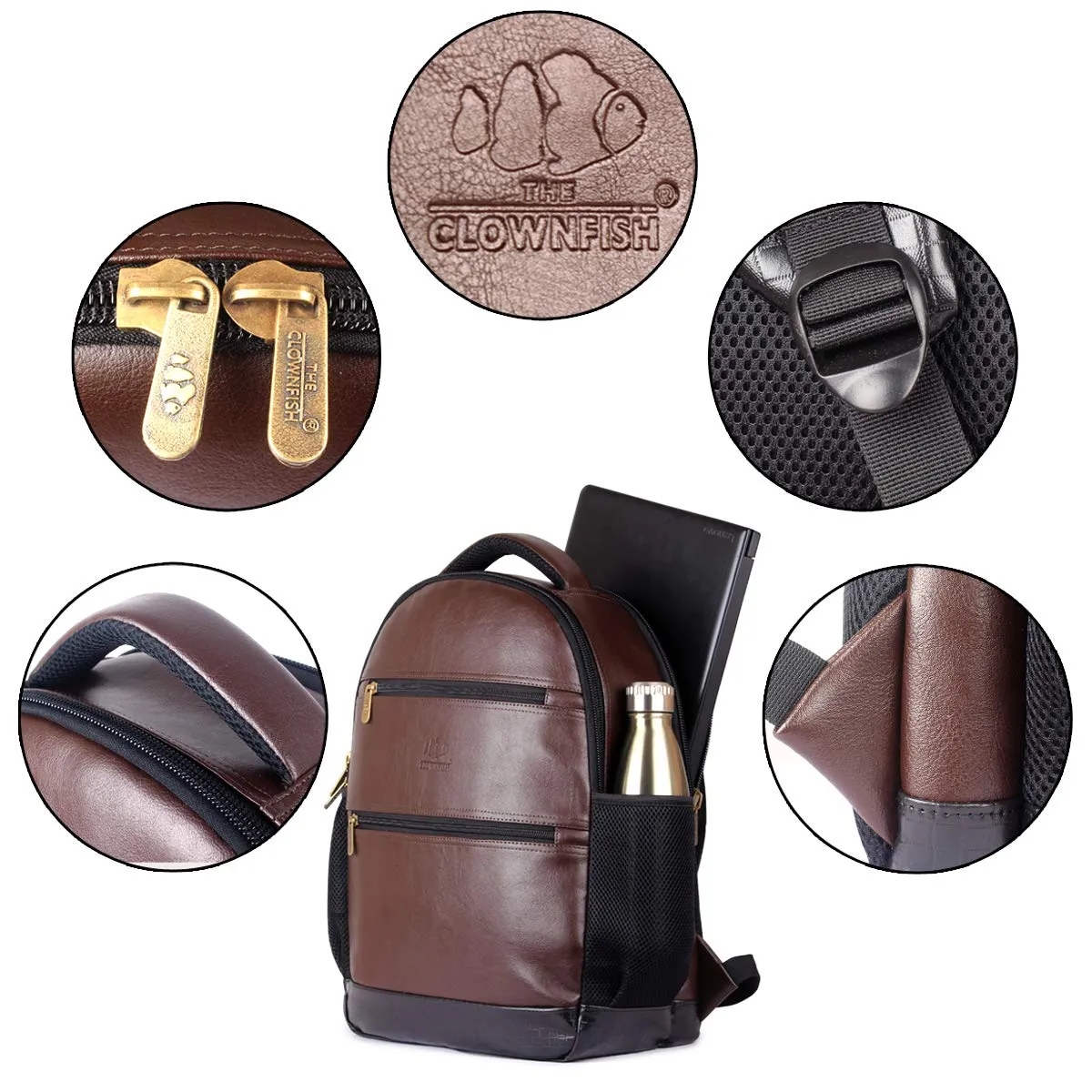 THE CLOWNFISH Jovial 27 litres Faux Leather 15.6 inch Laptop Backpack | Laptop Bag | Travel Backpack | Casual Backpack | School Bag (Brown)