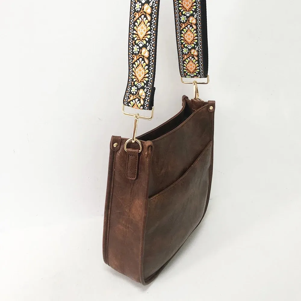 Vegan Leather Messenger Bag w/ Multi Abstract Strap - Assorted Colors