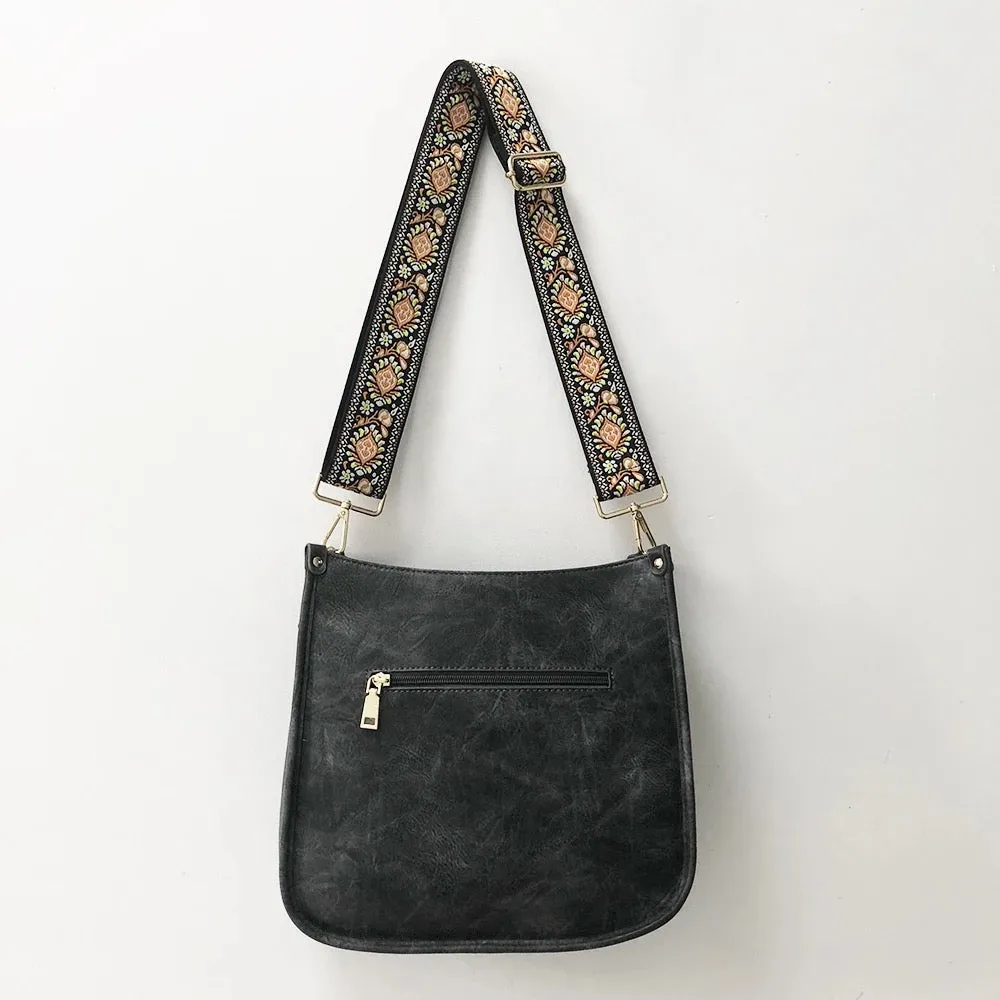 Vegan Leather Messenger Bag w/ Multi Abstract Strap - Assorted Colors