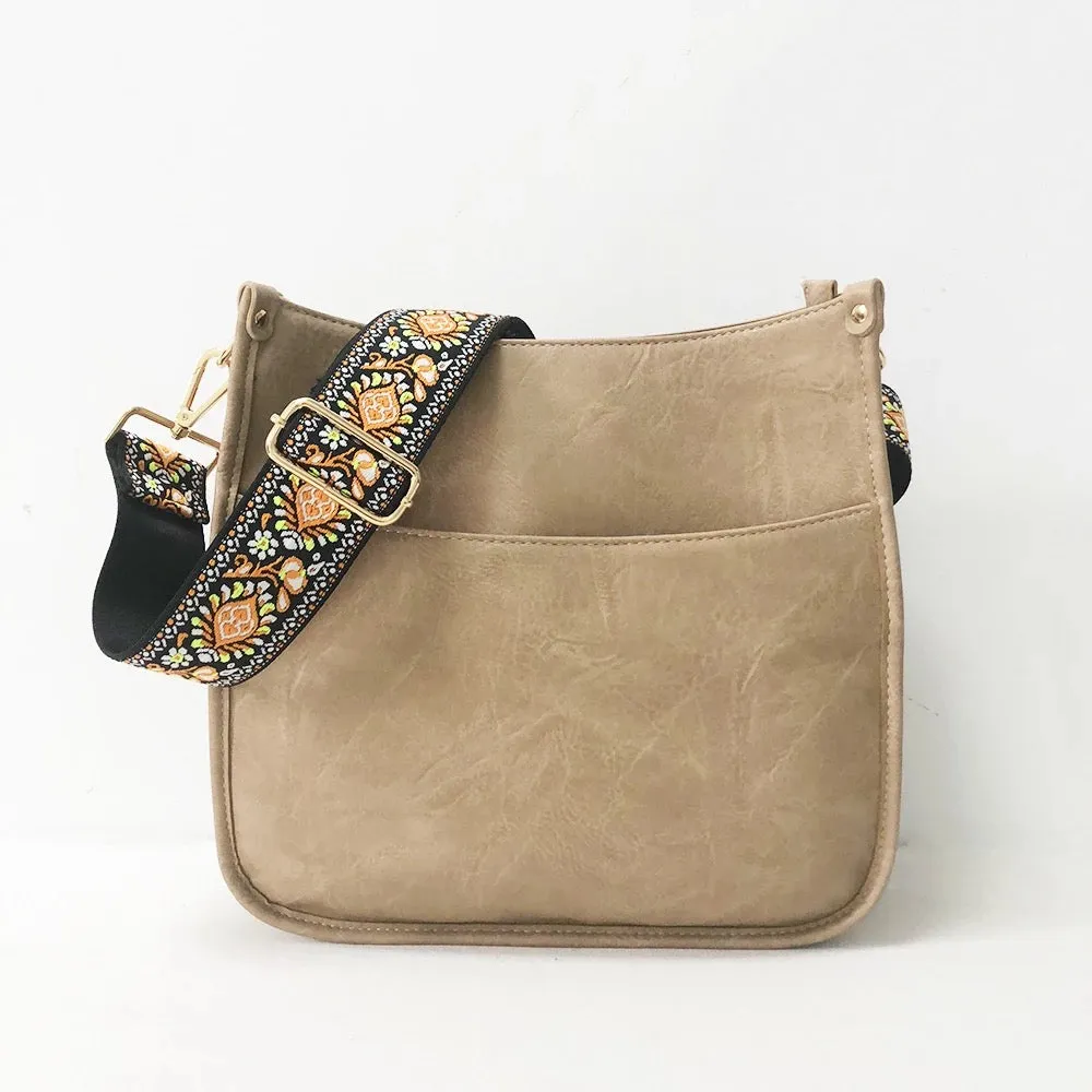 Vegan Leather Messenger Bag w/ Multi Abstract Strap - Assorted Colors