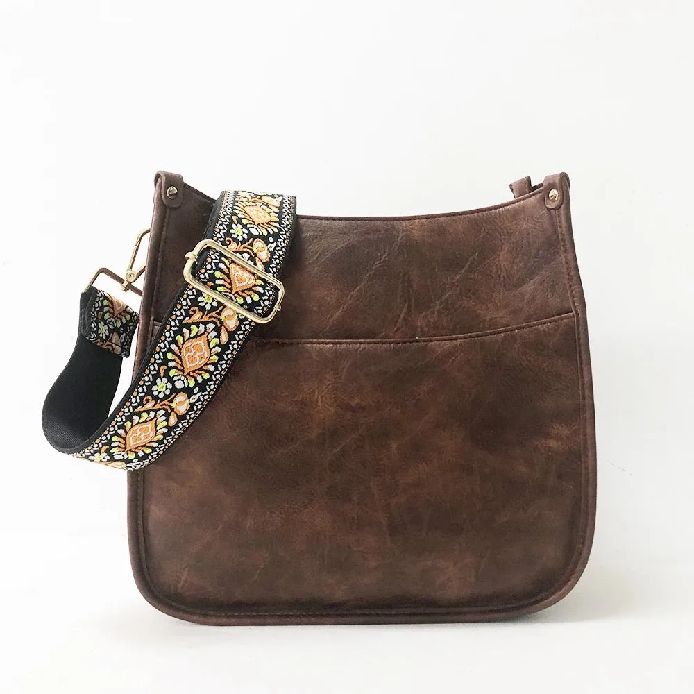 Vegan Leather Messenger Bag w/ Multi Abstract Strap - Assorted Colors