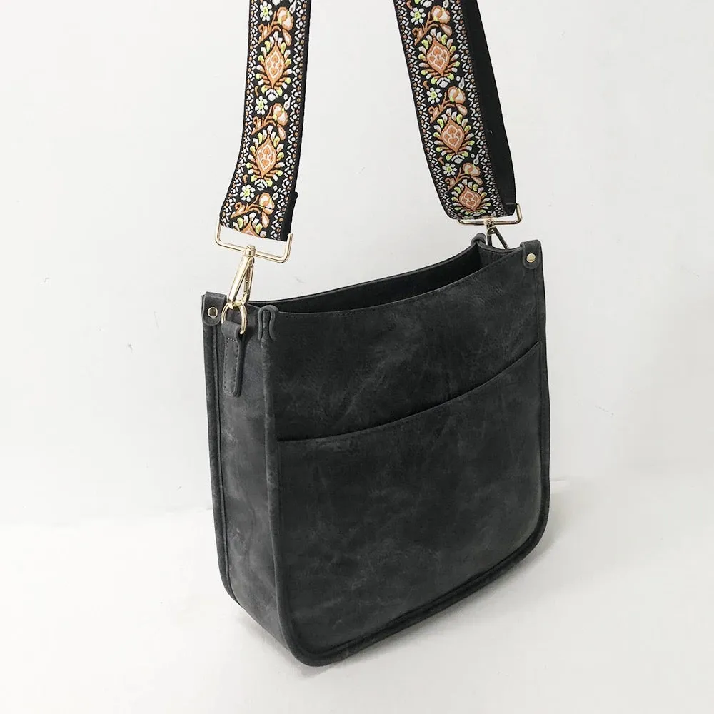 Vegan Leather Messenger Bag w/ Multi Abstract Strap - Assorted Colors