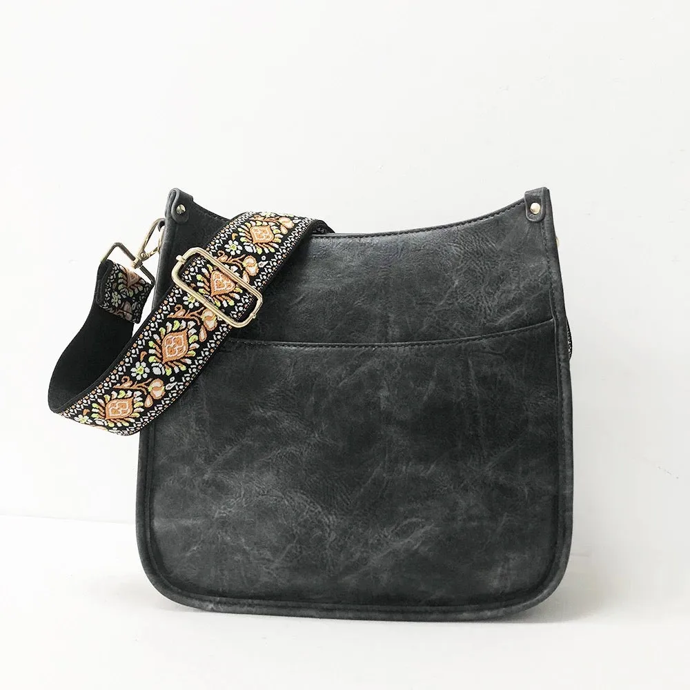 Vegan Leather Messenger Bag w/ Multi Abstract Strap - Assorted Colors